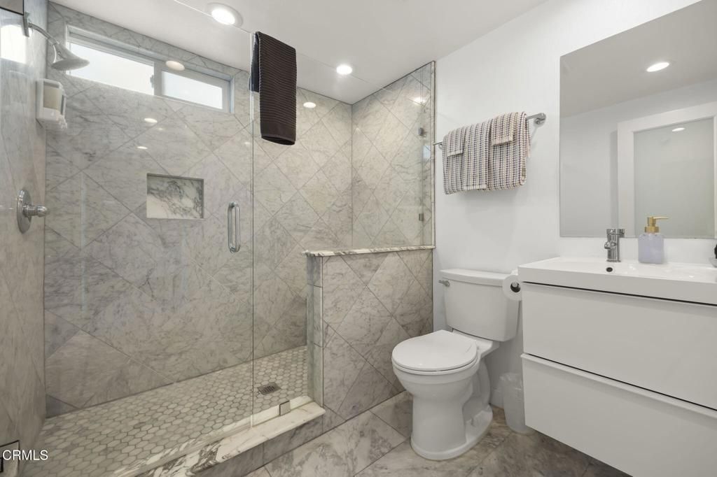 Bathroom, Glass Shower, Interior, Marble Walls, Recessed Lighting