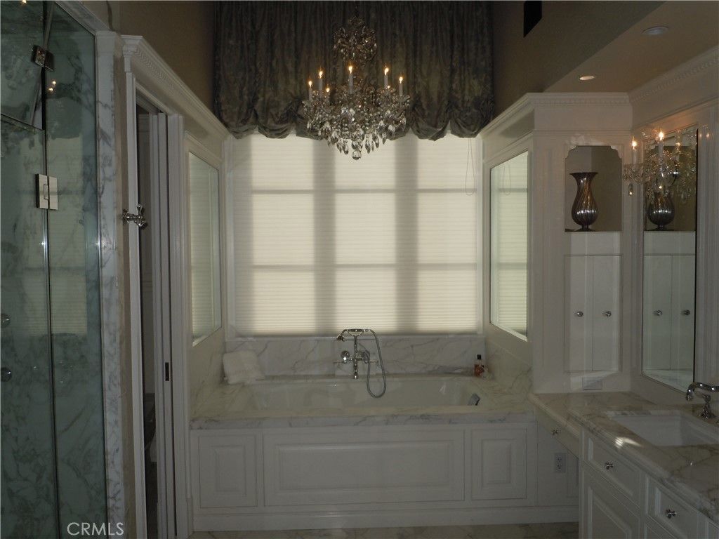 Bathroom, Chandelier, Glass Shower, Interior, Marble Walls, Recessed Lighting