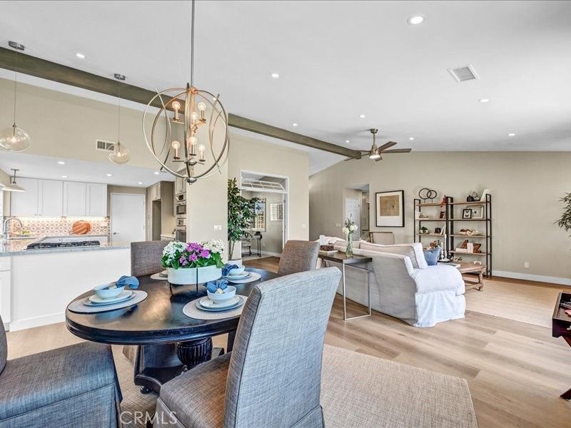 Chandelier, Dining room, Interior, Kitchen, Living room, Pendant Lights, Recessed Lighting, Wood Texture Flooring
