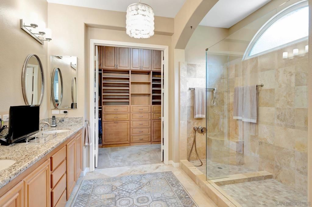 Bathroom, Dual Sink Vanities, Glass Shower, Interior, Pendant Lights