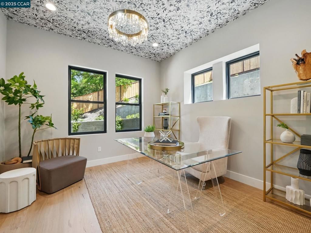 Chandelier, Home Office, Interior, Recessed Lighting, Wood Texture Flooring
