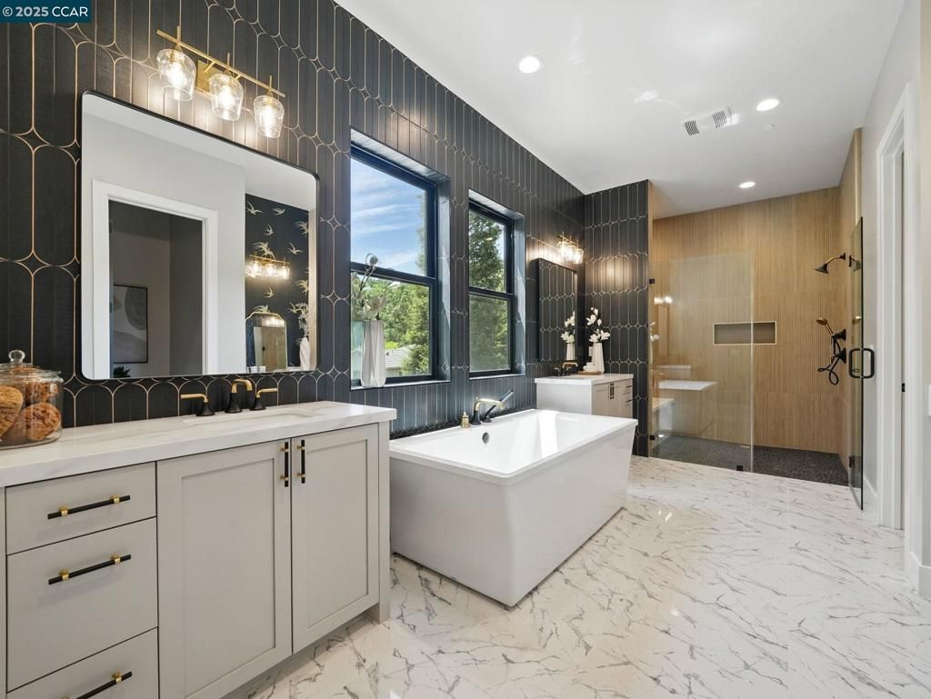 Bathroom, Dual Sink Vanities, Free Standing Baths, Glass Shower, Interior, Marble, Recessed Lighting