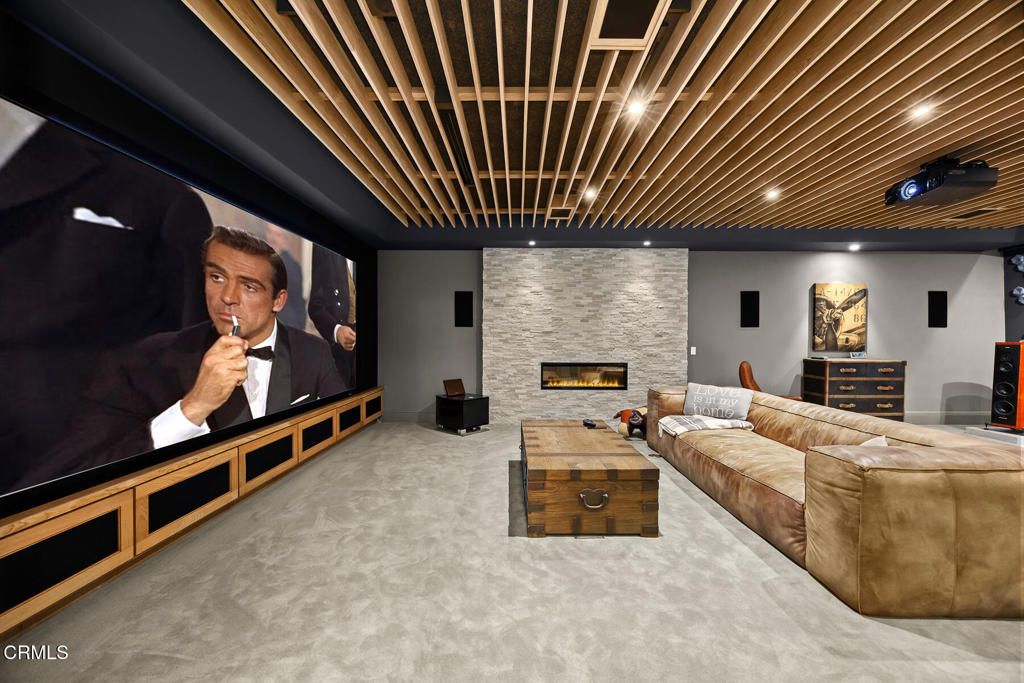 Fireplace, Interior, Projection Screen, Recessed Lighting, Stone Walls, Theatre Room