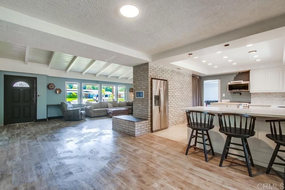 Interior, Kitchen, Living room, Recessed Lighting, Stone Walls, Wood Texture Flooring