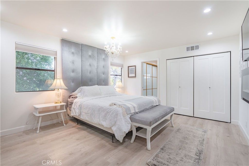 Bedroom, Chandelier, Interior, Recessed Lighting, Wood Texture Flooring