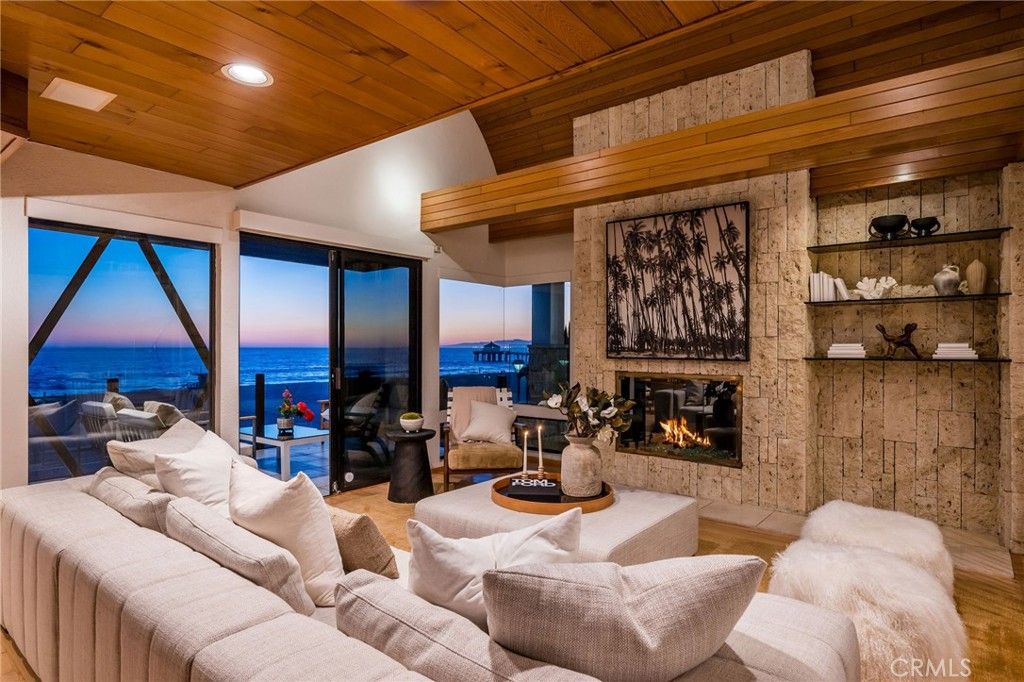 Fireplace, Interior, Living room, Recessed Lighting, Stone Walls, Water, Wooden Ceilings, Wood Texture Flooring, Wooden Walls