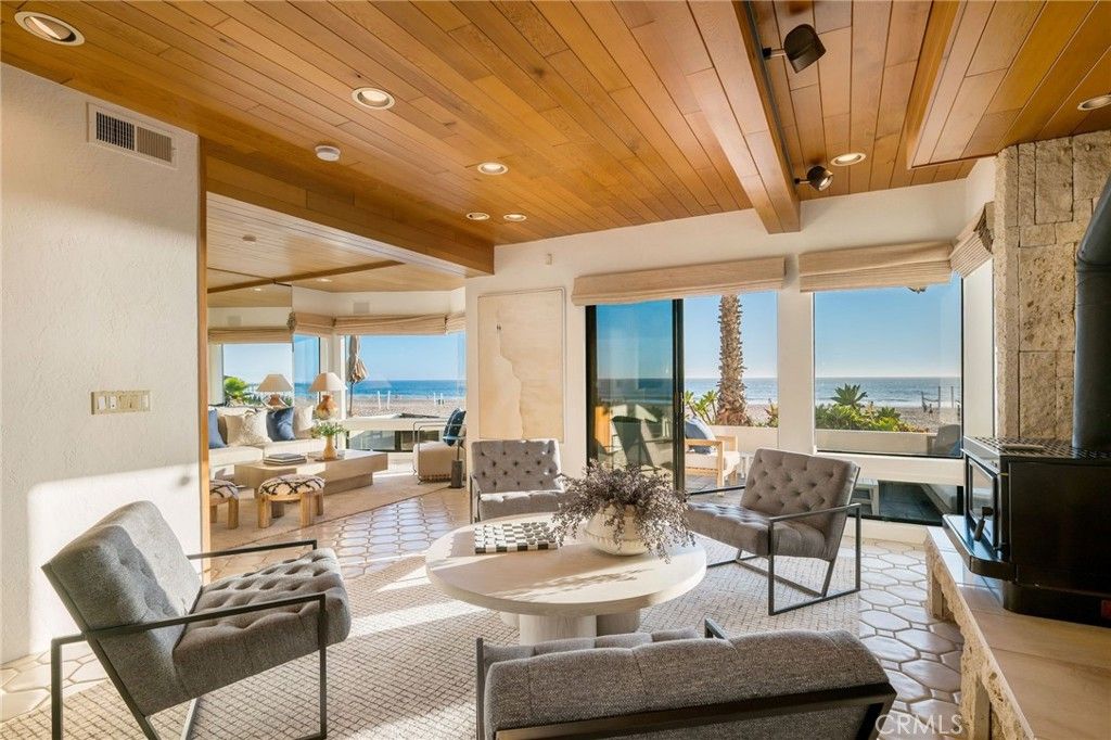 Fireplace, Interior, Living room, Recessed Lighting, Stone Walls, Water, Wooden Beams, Wooden Ceilings