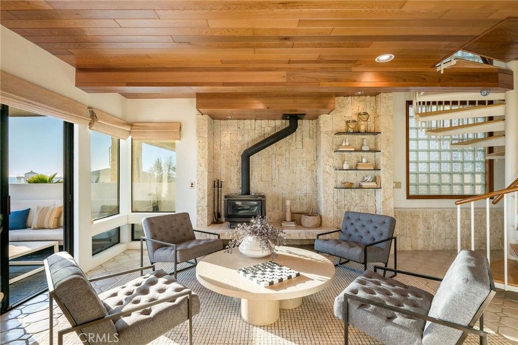 Fireplace, Interior, Living room, Recessed Lighting, Stone Walls, Wooden Beams, Wooden Ceilings