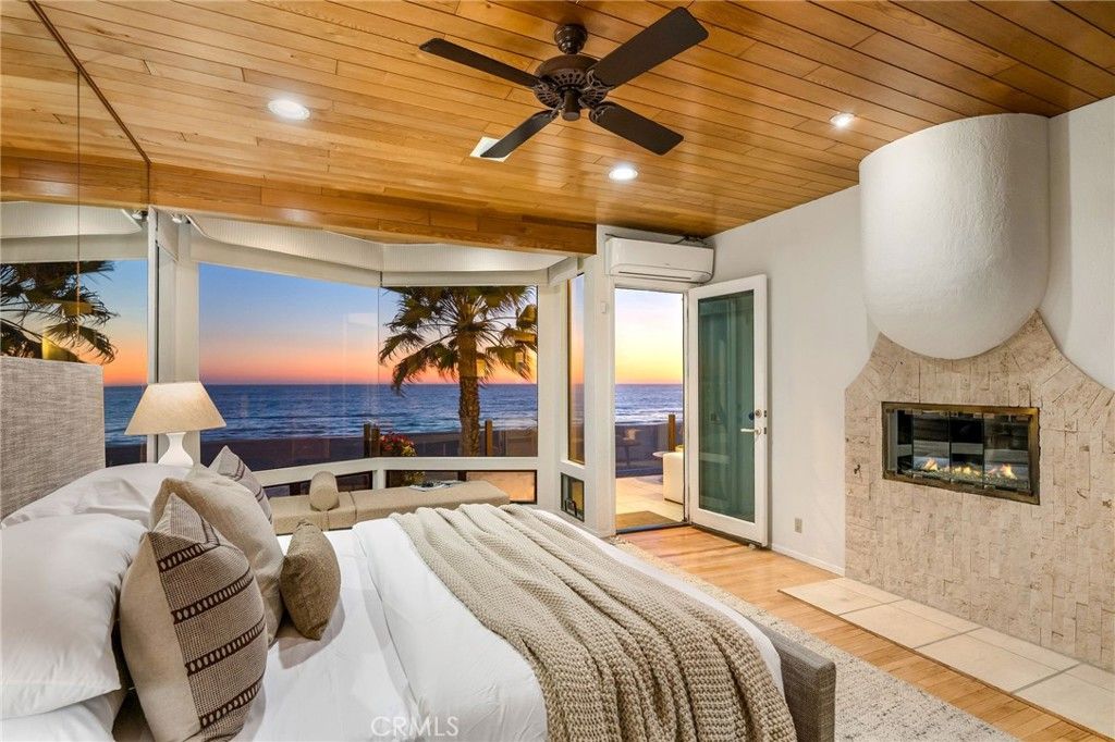 Bedroom, Fireplace, Interior, Recessed Lighting, Water, Wooden Ceilings, Wood Texture Flooring