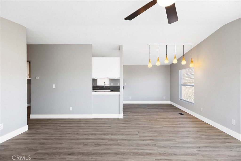 Empty room, Interior, Kitchen, Pendant Lights, Wood Texture Flooring