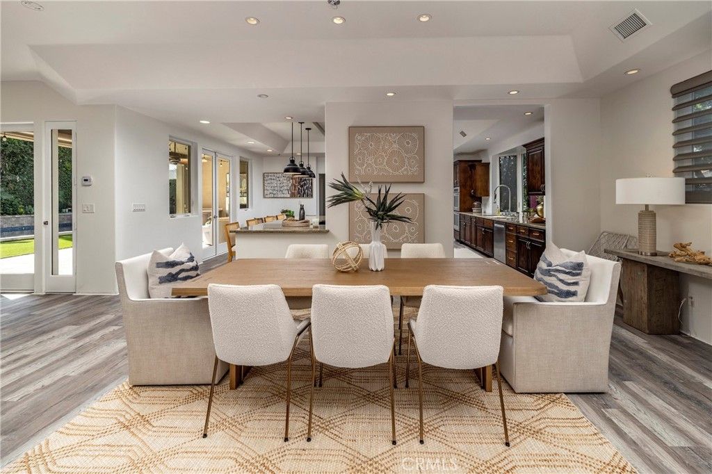 Dining room, Interior, Pendant Lights, Recessed Lighting, Wood Texture Flooring