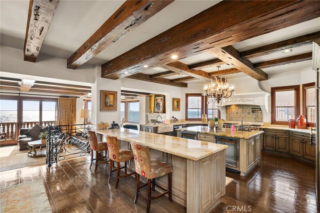 Chandelier, Interior, Kitchen, Living room, Recessed Lighting, Water, Wooden Beams, Wood Texture Flooring