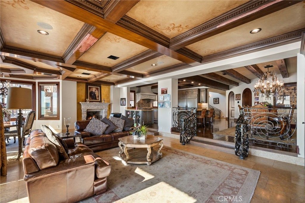 Chandelier, Dining room, Fireplace, Interior, Living room, Recessed Lighting, Wooden Beams
