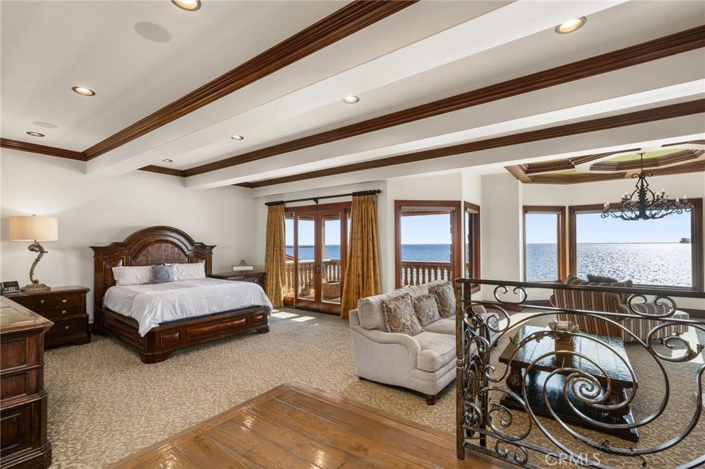 Bedroom, Chandelier, Interior, Recessed Lighting, Water, Wood Texture Flooring