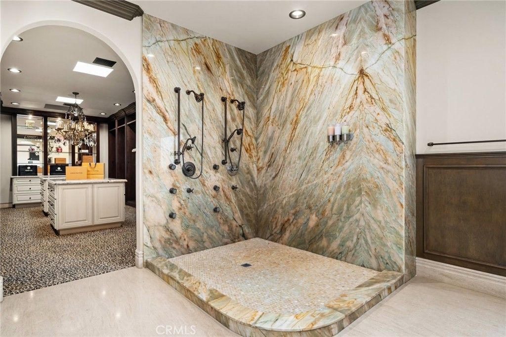 Bathroom, Chandelier, Interior, Marble Walls, Recessed Lighting