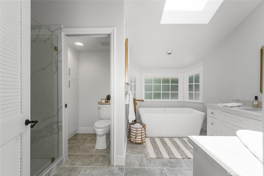 Bathroom, Free Standing Baths, Glass Shower, Interior, Marble Walls, Recessed Lighting