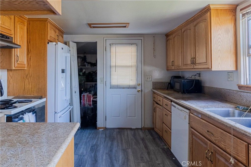 Interior, Kitchen, Tile Countertops, Wood Texture Flooring