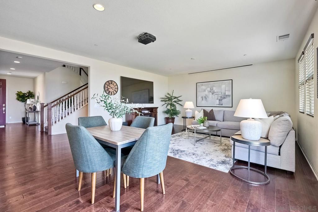 Dining room, Interior, Living room, Recessed Lighting, Wood Texture Flooring