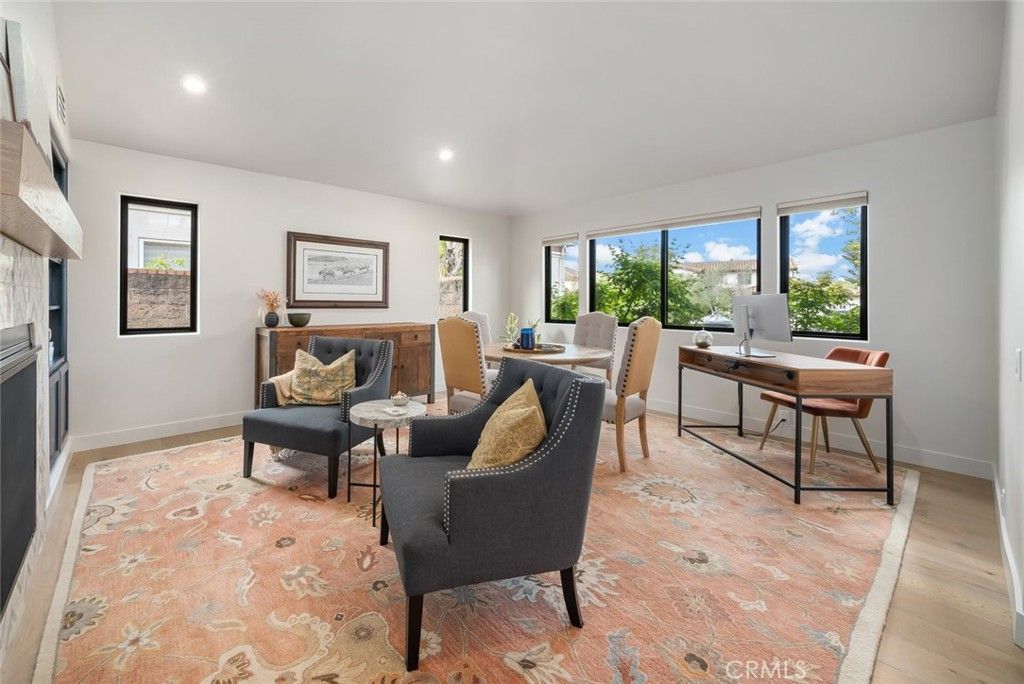 Fireplace, Home Office, Interior, Recessed Lighting, Wood Texture Flooring