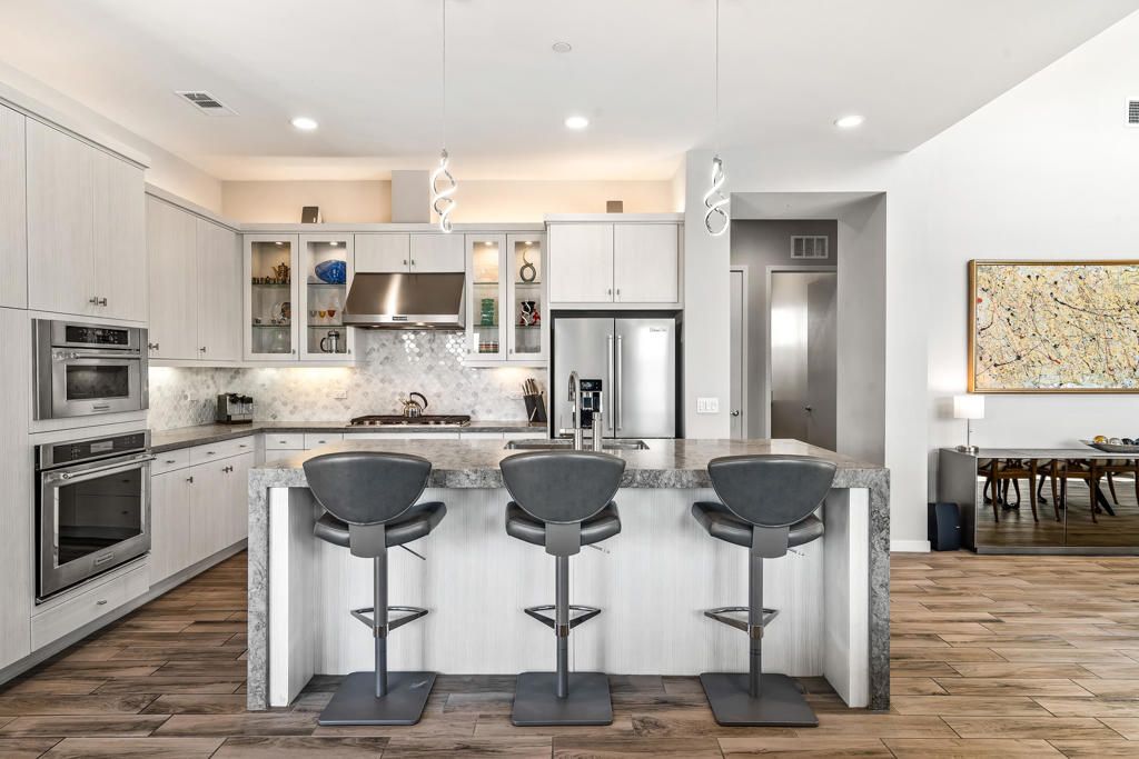 Interior, Kitchen, Pendant Lights, Recessed Lighting, Stainless Steel Appliances, Wood Texture Flooring