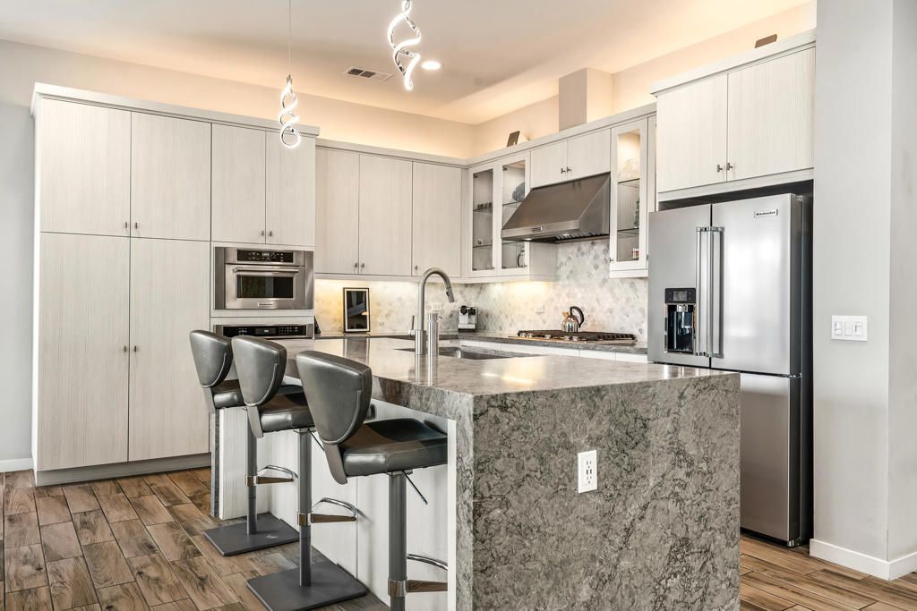 Interior, Kitchen, Pendant Lights, Recessed Lighting, Stainless Steel Appliances, Wood Texture Flooring