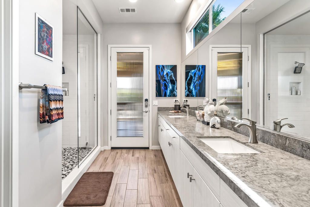 Bathroom, Dual Sink Vanities, Glass Shower, Interior, Recessed Lighting, Wood Texture Flooring