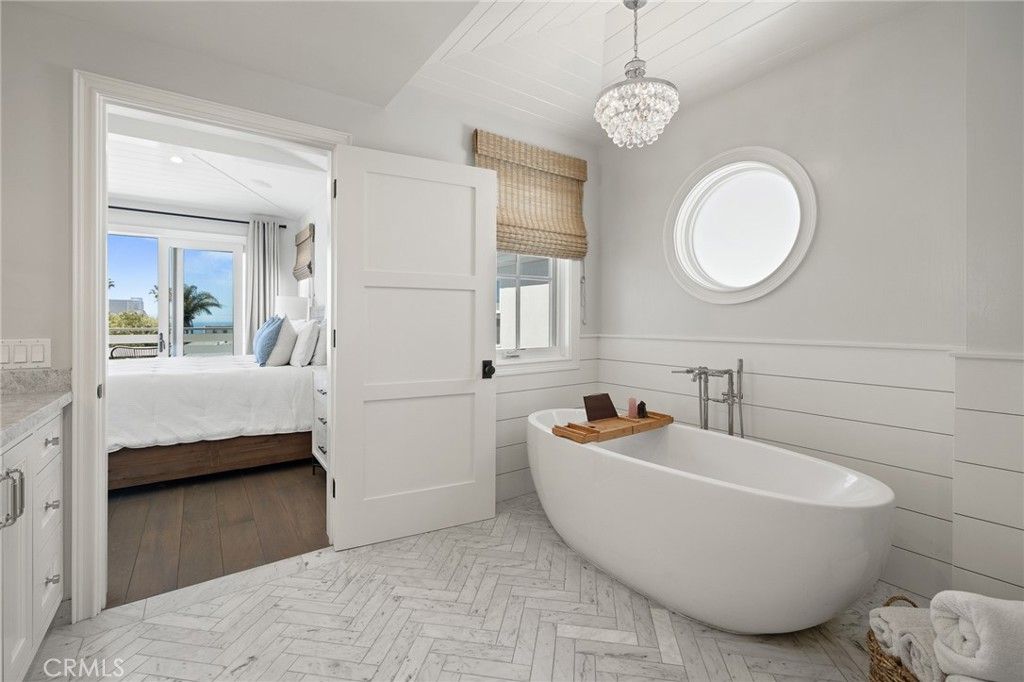 Bathroom, Bedroom, Chandelier, Free Standing Baths, Interior, Marble, Wood Texture Flooring