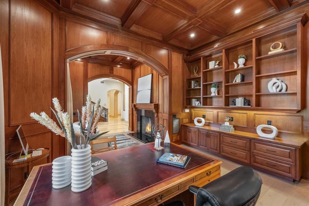 Fireplace, Home Office, Interior, Recessed Lighting, Wooden Beams, Wooden Ceilings, Wood Texture Flooring, Wooden Walls