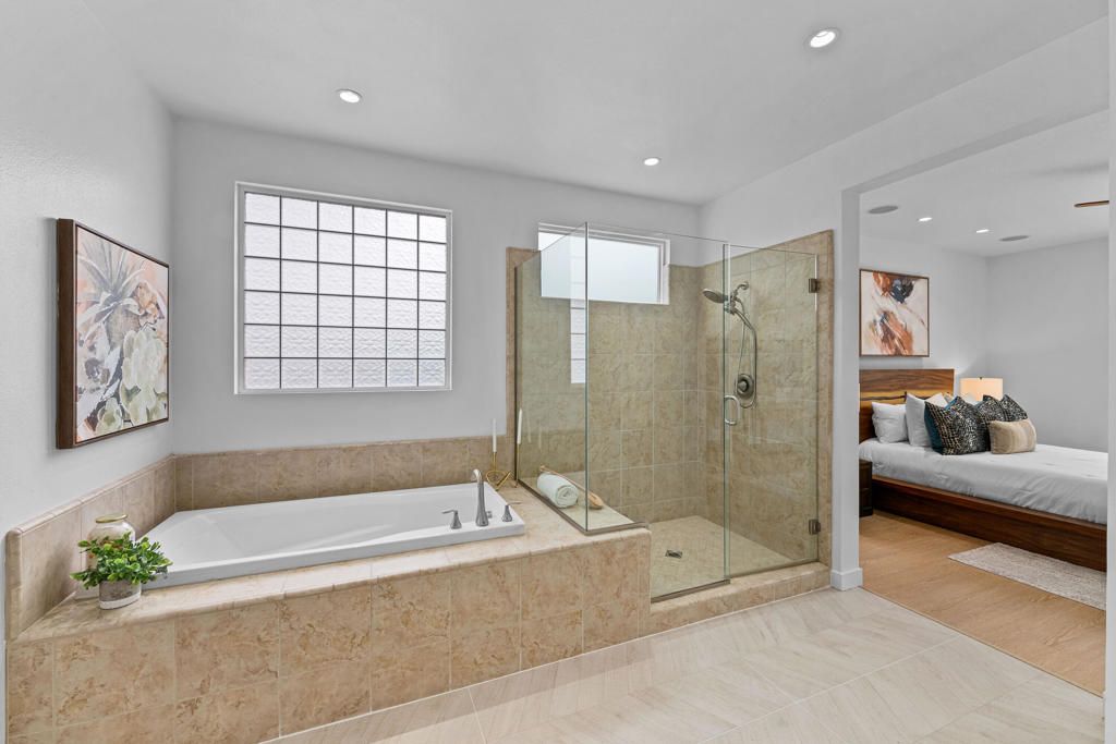 Bathroom, Bedroom, Glass Shower, Interior, Recessed Lighting, Wood Texture Flooring