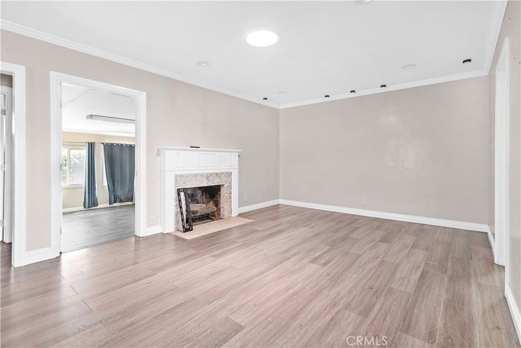 Empty room, Fireplace, Interior, Recessed Lighting, Wood Texture Flooring