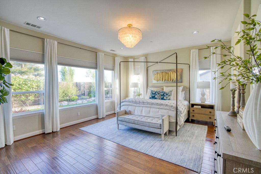 Bedroom, Chandelier, Interior, Recessed Lighting, Wood Texture Flooring