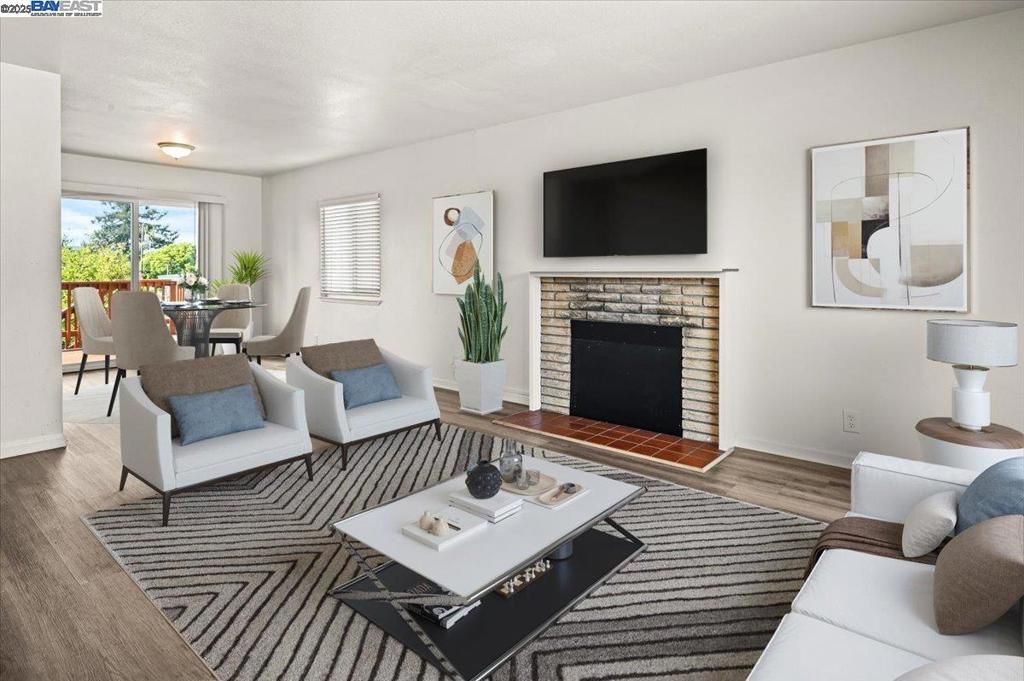 Dining room, Fireplace, Interior, Living room, Wood Texture Flooring