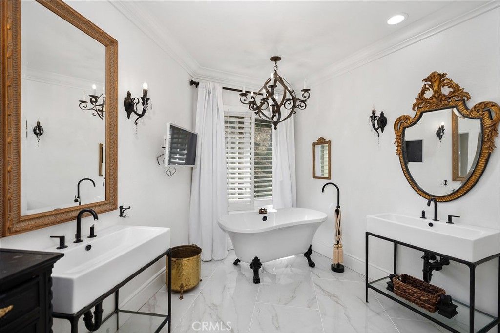 Bathroom, Dual Sink Vanities, Free Standing Baths, Interior, Marble, Pendant Lights, Recessed Lighting