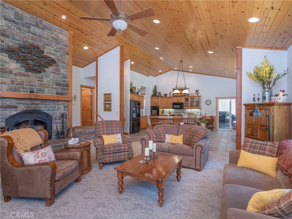 Dining room, Fireplace, Interior, Kitchen, Living room, Pendant Lights, Recessed Lighting, Stone Walls, Wooden Ceilings