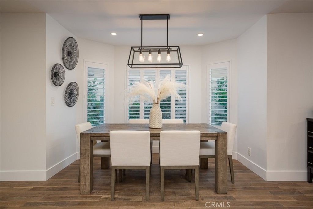Dining room, Interior, Pendant Lights, Recessed Lighting, Wood Texture Flooring