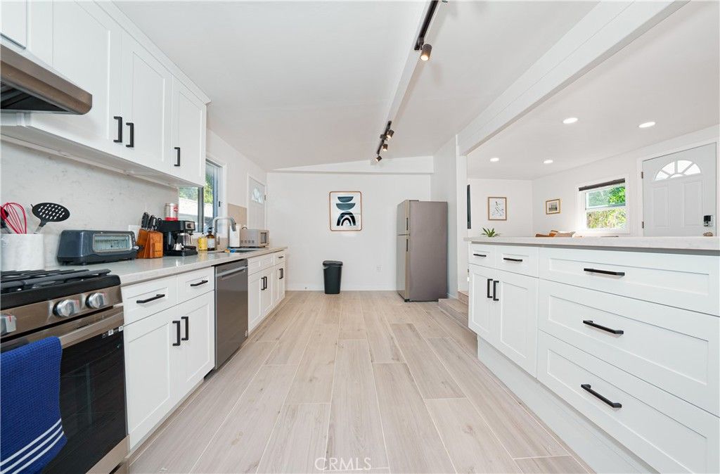 Interior, Kitchen, Recessed Lighting, Stainless Steel Appliances, Wood Texture Flooring