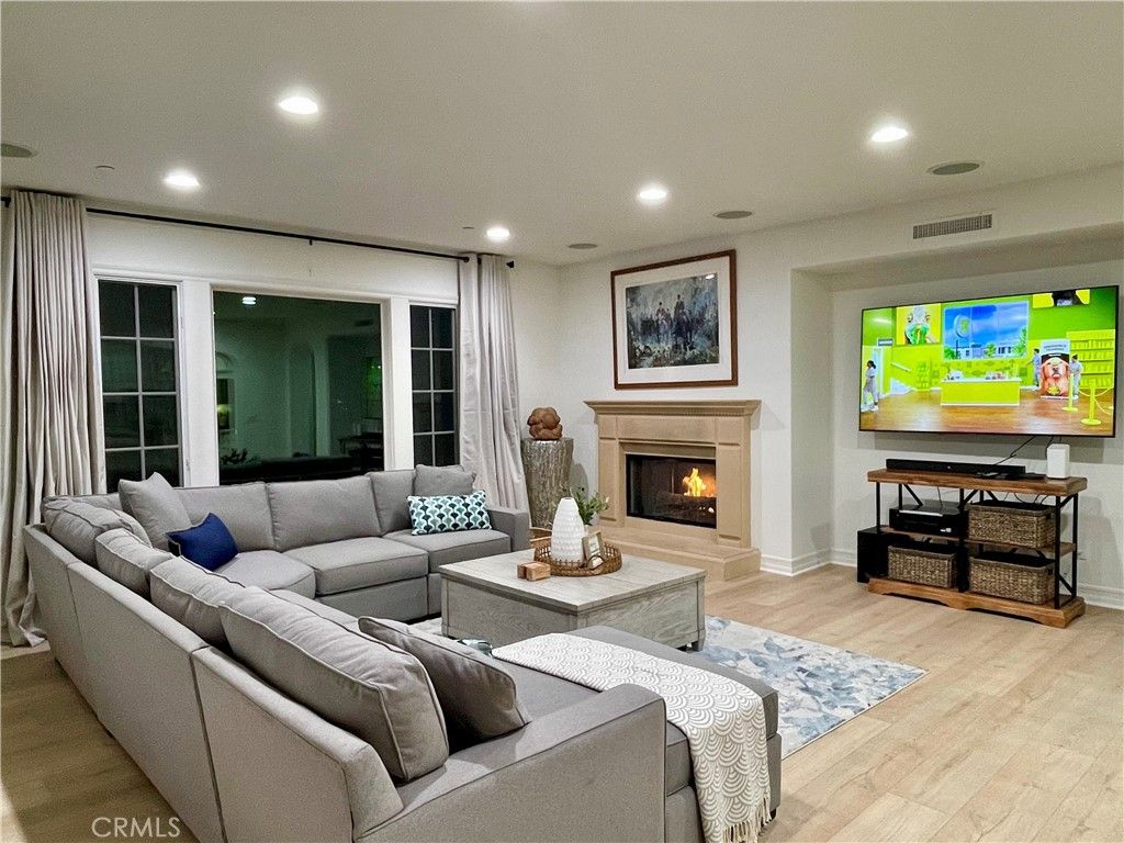 Fireplace, Interior, Living room, Recessed Lighting, Wood Texture Flooring