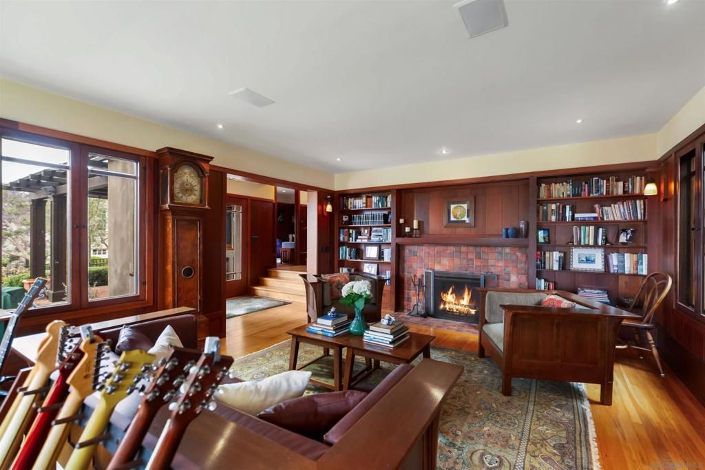 Fireplace, Home Office, Interior, Living room, Recessed Lighting, Wood Texture Flooring