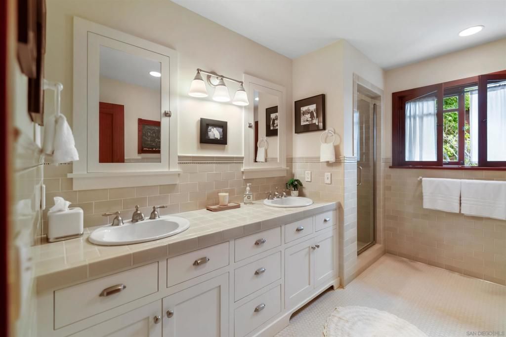 Bathroom, Dual Sink Vanities, Interior, Recessed Lighting, Tile Countertops