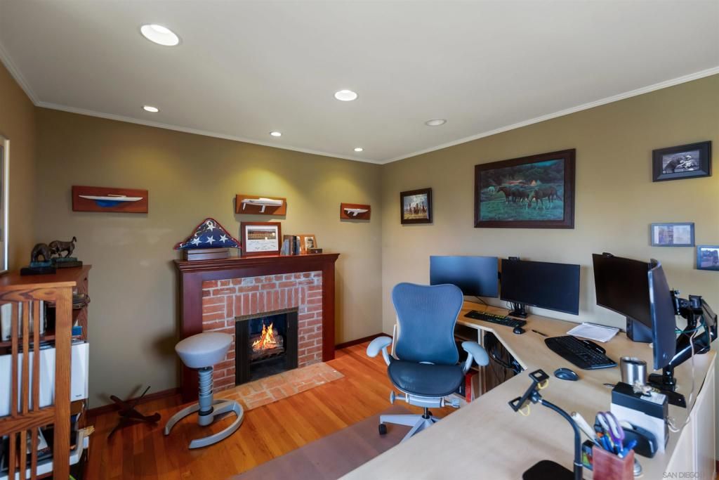 Fireplace, Home Office, Interior, Recessed Lighting, Wood Texture Flooring