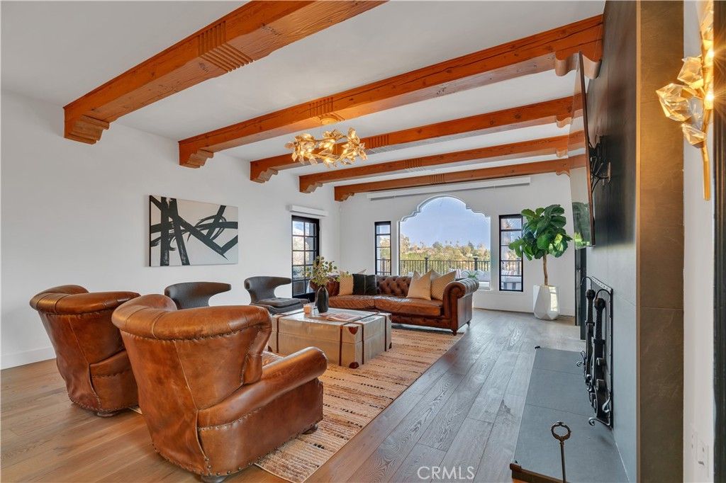 Chandelier, Fireplace, Interior, Living room, Wooden Beams, Wood Texture Flooring