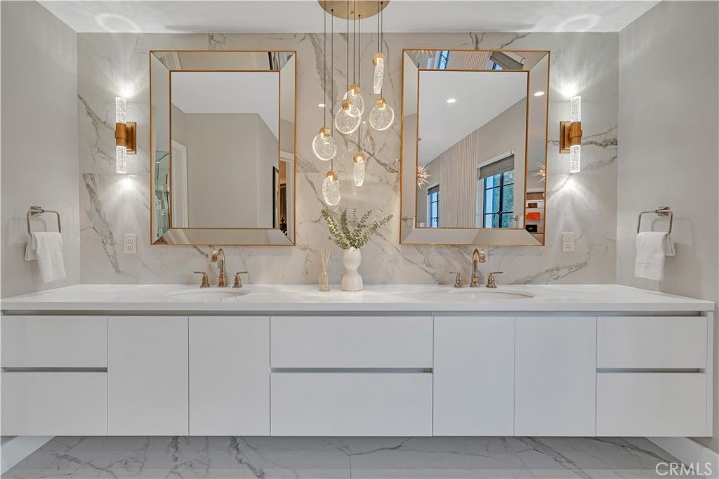 Bathroom, Dual Sink Vanities, Interior, Marble, Marble Walls, Pendant Lights