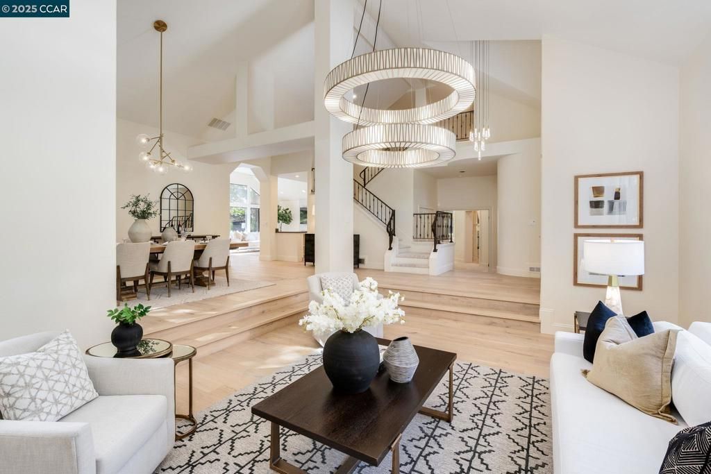 Dining room, Interior, Living room, Pendant Lights, Wood Texture Flooring