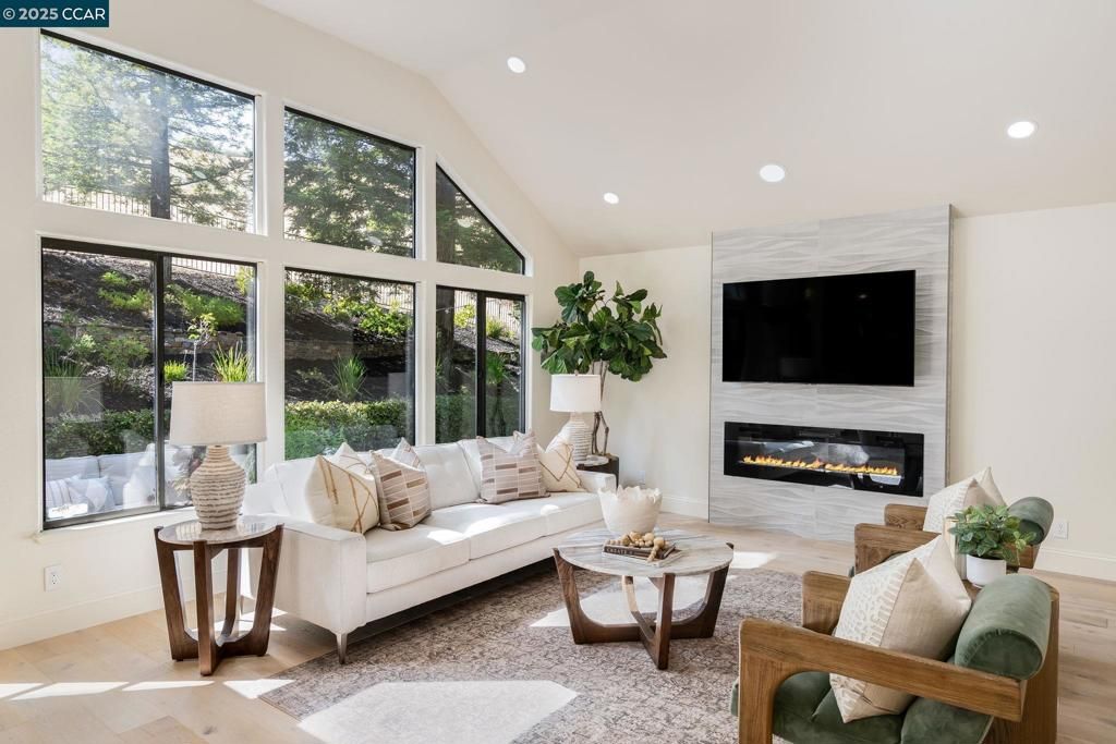 Fireplace, Interior, Living room, Recessed Lighting, Wood Texture Flooring