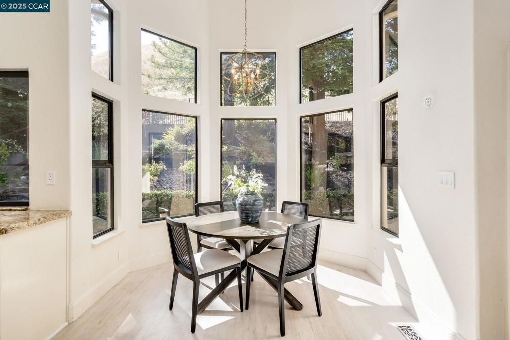 Dining room, Interior, Pendant Lights, Wood Texture Flooring