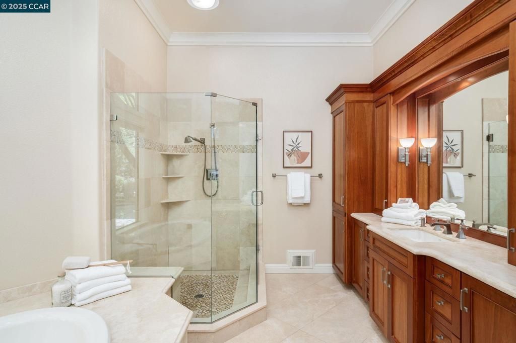 Bathroom, Dual Sink Vanities, Glass Shower, Interior, Recessed Lighting