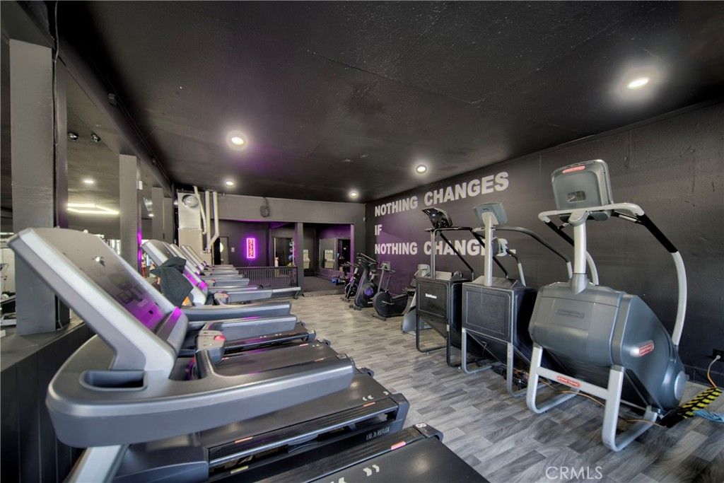 Fitness Equipment, Gym, Interior, Recessed Lighting, Wood Texture Flooring