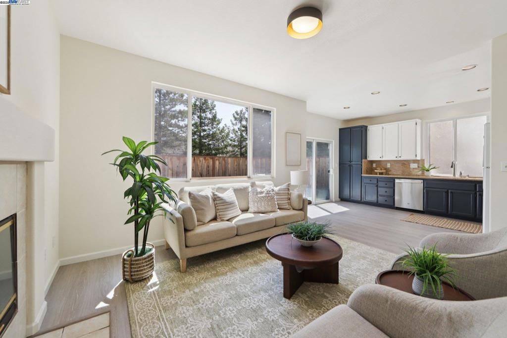 Fireplace, Interior, Kitchen, Living room, Recessed Lighting, Wood Texture Flooring