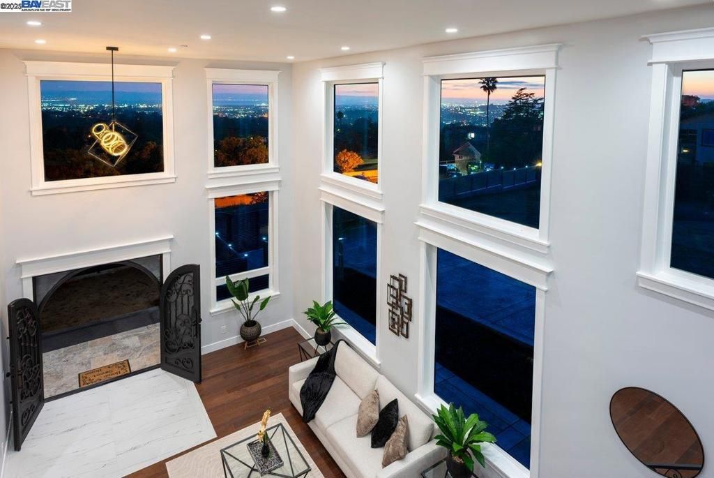 Fireplace, Interior, Pendant Lights, Recessed Lighting, Wood Texture Flooring