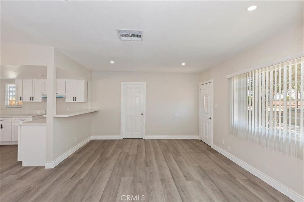 Empty room, Interior, Kitchen, Recessed Lighting, Wood Texture Flooring